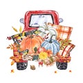 Watercolor autumn harvest illustration of red vintage truck with pumpkins, cozy blanket, fall leaves. Hand drawn Thanksgiving card