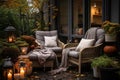 Beautiful fall residential backyard terrace with outdoor chairs, cozy autumn vibes