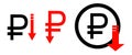 Fall of the ruble icon. Graffic down symbol. Sign ruble and arrow vector Royalty Free Stock Photo