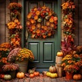 Fall\'s Welcoming Embrace Autumn Wreath and Flower Pot Arrangements, pumpking collection Generative AI\