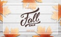 Fall sale background layout design. Fall lettering, fall leaves and wooden background. Autumn sale banner