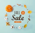 Fall sale banner with autumn leaves and orange pumpkin