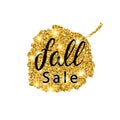 Fall Sale brush lettering. Gold glitter banner design with sparkles on white background. Seasonal discount autumn poster Royalty Free Stock Photo