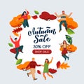 Fall sale poster, banner design template. Autumn frame background. Vector illustration of people and multicolor leaves