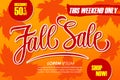 Fall Sale special offer banner with hand drawn lettering and autumn leaves for seasonal shopping.