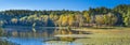 Fall Scene with Autumn Trees Reflection in Lake. Royalty Free Stock Photo