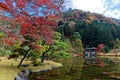 Fall scenery of a beautiful Japanese garden in Shugakuin Imperial Villa Royal Park Royalty Free Stock Photo