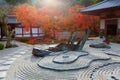 Fall scenery of a Japanese rock garden (zen garden, dry landscape or karesansui) in morning sunlight