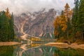 Fall scenery of lake Braies, Dolomite Alps, Italy Royalty Free Stock Photo