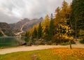 Fall scenery of lake Braies, Dolomite Alps, Italy Royalty Free Stock Photo