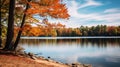 Fall scenery of a lake and forest with vibrant colors