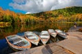 Fall scenery of row boats parking at a wooden dock by Lake Kido Ike Royalty Free Stock Photo