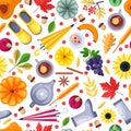 Fall season colorful white seamless pattern. Vector flat illustration. Autumn harvest, leaves, food and accessories. Royalty Free Stock Photo