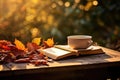 Cup of hot tea and book in the park, autumn leaves , AI Generated Royalty Free Stock Photo