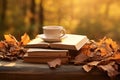 Cup of hot tea and book in the park, autumn leaves , AI Generated Royalty Free Stock Photo