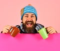 Fall season and hot drink time. Guy with cheerful face Royalty Free Stock Photo