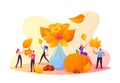 Fall Season, Outdoor Activity. Tiny Male and Female Characters Collecting Autumn Bouquet of Colorful Fallen Leaves