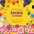 Fall season picnic square frame. Vector poster or banner with autumn leaves, food. Thanksgiving holiday illustration.