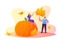 Fall Season Recreation Concept. Tiny Male and Female Characters Collecting Autumn Bouquet of Colorful Fallen Leaves