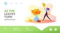 Fall Season Recreation Landing Page Template. Tiny Female Character Collecting Huge Autumn Bouquet of Fallen Leaves