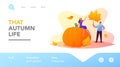 Fall Season Recreation Landing Page Template. Tiny Characters Collecting Autumn Bouquet of Colorful Fallen Leaves