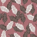 Fall season seamless nature pattern with contoured white and brown leaves on pale pink background