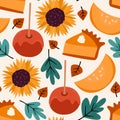fall season seamless pattern illustration with pumpkin slices, candy apples, leaves, sunflowers and pumpkin pie Royalty Free Stock Photo