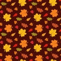 Fall season seamless pattern with leafs on brown background vector illustration Royalty Free Stock Photo