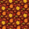 Fall season seamless pattern with leafs on brown background vector illustration Royalty Free Stock Photo