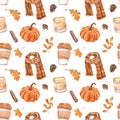 Fall season themed seamless pattern. Watercolor fall mood print. Orange pumpkin, coffee latte cup, scarf on white background