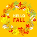 Fall season wreath. Autumn border with bright leaves, rowan and