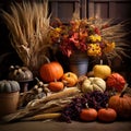 Fall seasonal composition with a harvest of pumpkins, corn and berries. Autumn still life