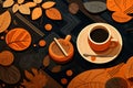 Fall seasonal wooden brown cup red autumn table coffee leaf orange nature drink background Royalty Free Stock Photo