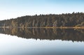 Fall serene landscape with green and yellow woods, its reflection in lake water, clear blue sky horizon