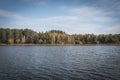 Fall serene landscape with green and yellow woods, its reflection in lake water, clear blue sky horizon