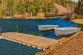 The fall shoreline of Twin Lakes in Mammoth Lakes holds two rowboats in California Royalty Free Stock Photo