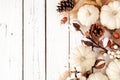 Fall side border of white pumpkins and brown autumn decor on a white wood background