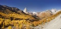 The fall slopes of the resort of Zarmatt are a local landmark and a bright beautiful landscape with the famous Matterhorn peak in