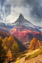 The fall slopes of the resort of Zarmatt are a local landmark and a bright beautiful landscape with the famous Matterhorn peak in