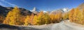 The fall slopes of the resort of Zarmatt are a local landmark and a bright beautiful landscape with the famous Matterhorn peak in