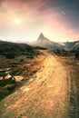 Fall slopes of the resort of Zarmatt are a local landmark and a bright beautiful landscape with the famous Matterhorn peak in Royalty Free Stock Photo