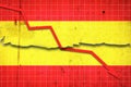 Fall of the Spain Economy. Recession graph with a red arrow on the Spain flag. Economic decline. Decline in the economy of stock