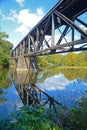 Vertical-A railroad tressel reflects in blue waters.