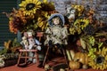 Autumn scene of dolls among sunflowers and pumpkins