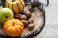 Fall Still Life with Mini Pumpkin, green apple,walnuts and delicata sweet dumpling squash. A horizontal with copy space in natura