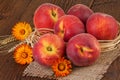 Fall still life peaches on old wooden table Royalty Free Stock Photo