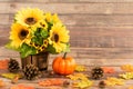 Fall Still Life with Sunflowers , Leaves, Acorns and Pumpkin Royalty Free Stock Photo