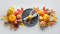 Fall table setting for Thanksgiving Day with pumpkins, leaves, apples. View from above. Banner Royalty Free Stock Photo