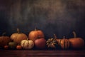 wooden wood autumn season background halloween fall nature leaf orange pumpkin. Generative AI.