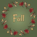 Fall text in autumn leaves wreath ornament. Autumn orange and red foliage